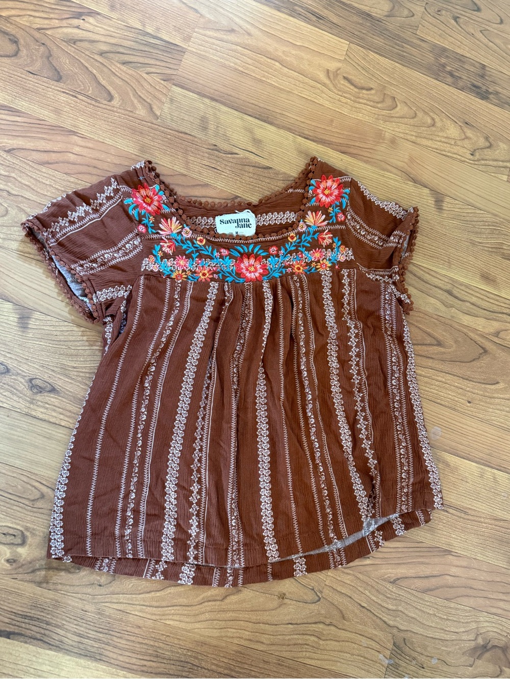 Embroidered Brown Peasant Top with Floral Yoke - Savanna Jane - M